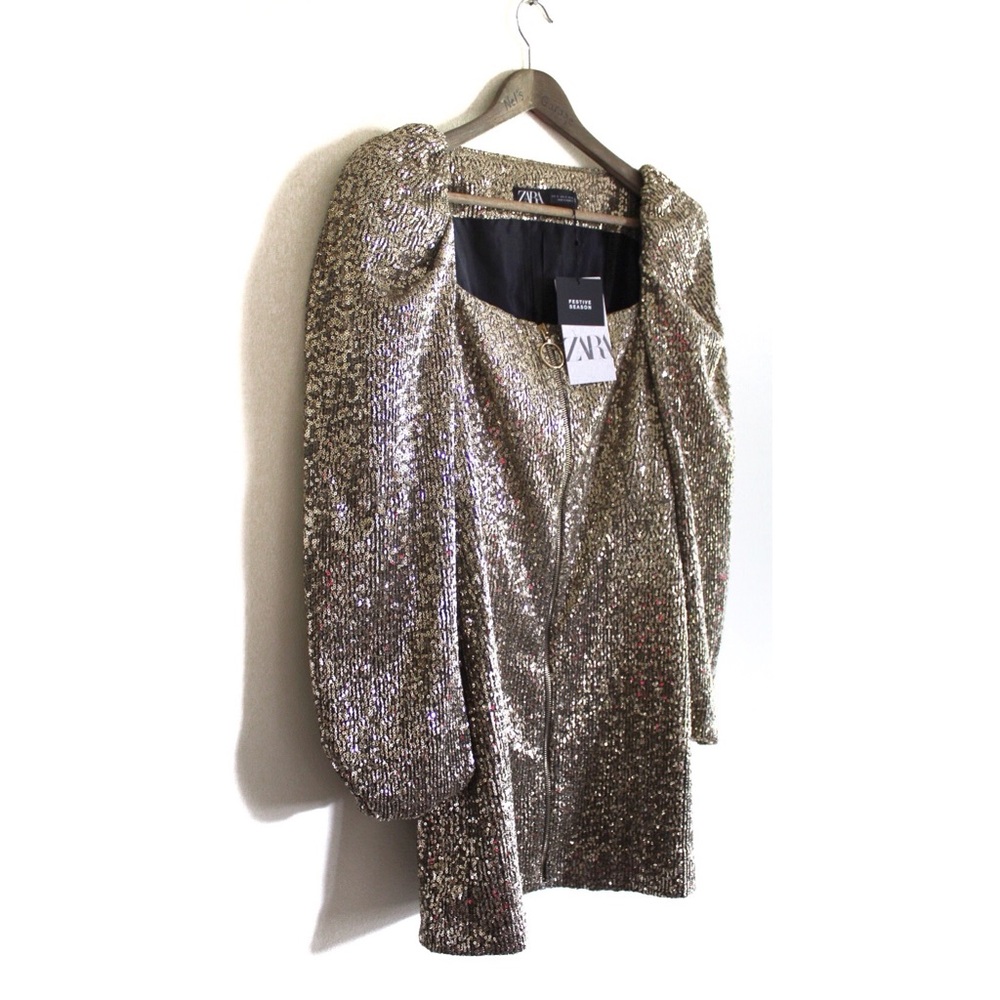 Zara NWT Bloggers Favorite Golden Sequin Puff Sleeve Zipped Party Shimmer Dress - Picture 5 of 16